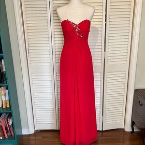 Red Strapless Evening Gown with Crystal Accent